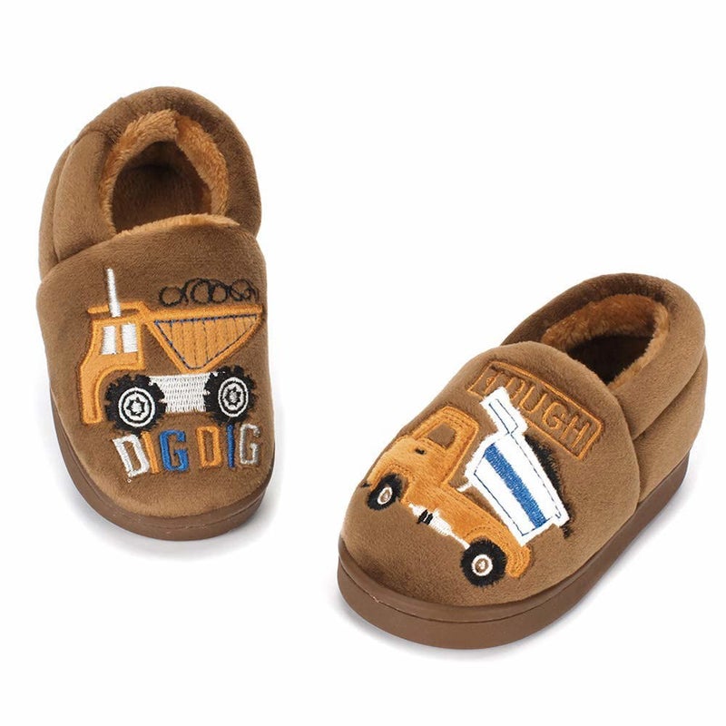 ESTAMICO Boys Girls Warm Slippers Cartoon Rocket Kids Winter Indoor Household Shoes, Brown 13.5-14 Little Kid - Image 2